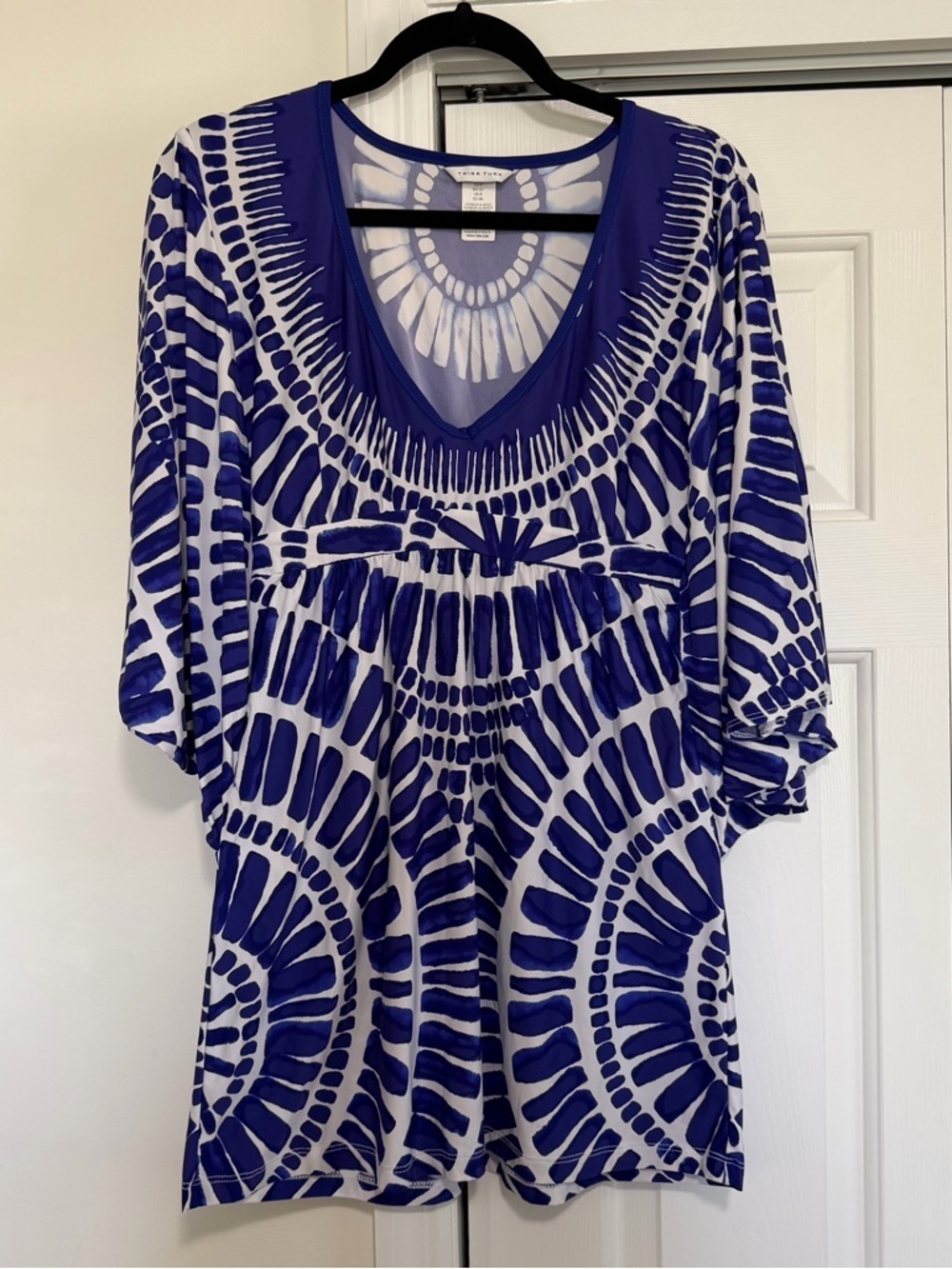 Trina Turk Blue White Tunic Cover Up Wide Sleeve Size Small